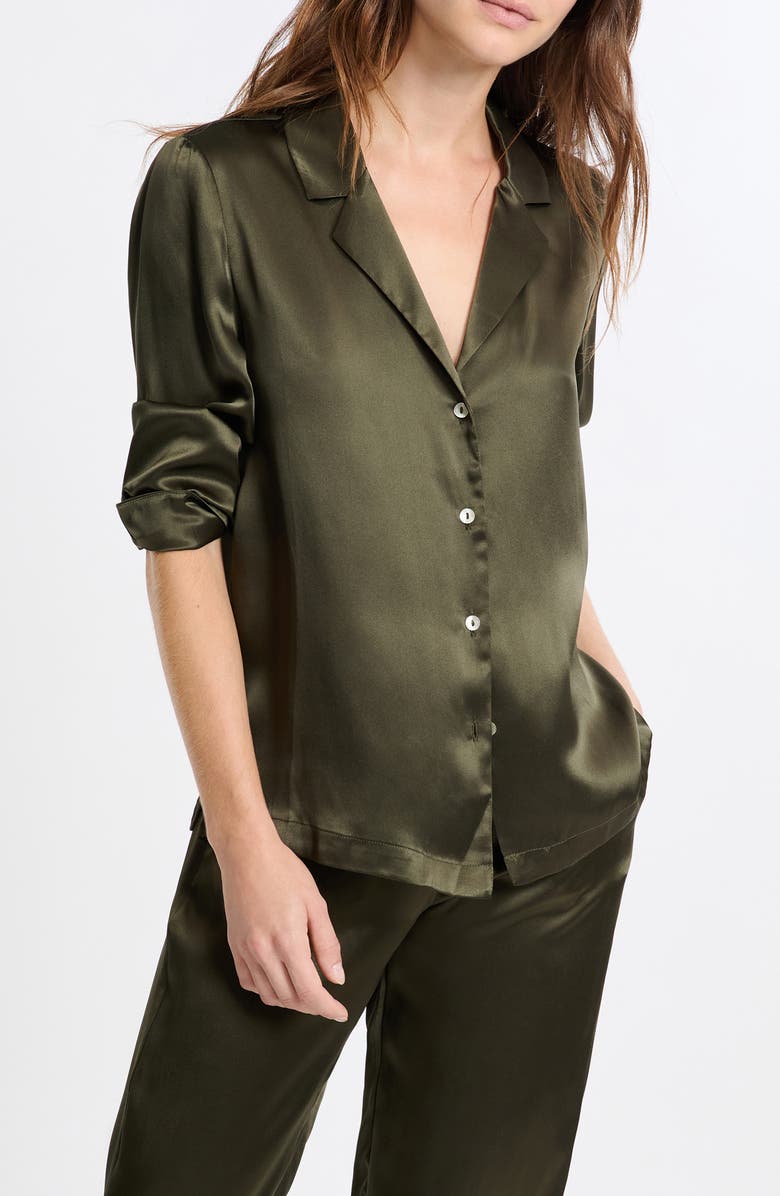 Etam Pearly Silk Chemise Button-Up Pajama Shirt, Alternate, color, Kaki