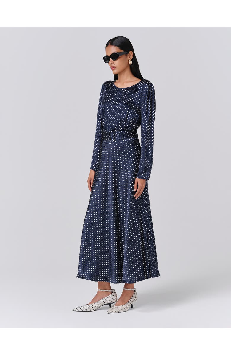 Ghost London Sophia Polka Dot Belted Midi Dress, Main, color, Navy Spot