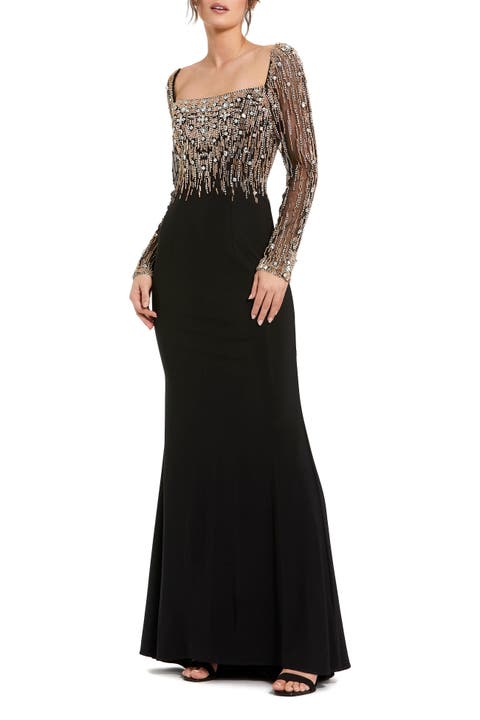 Petite Beaded Square Neck Long Sleeve Jersey Gown