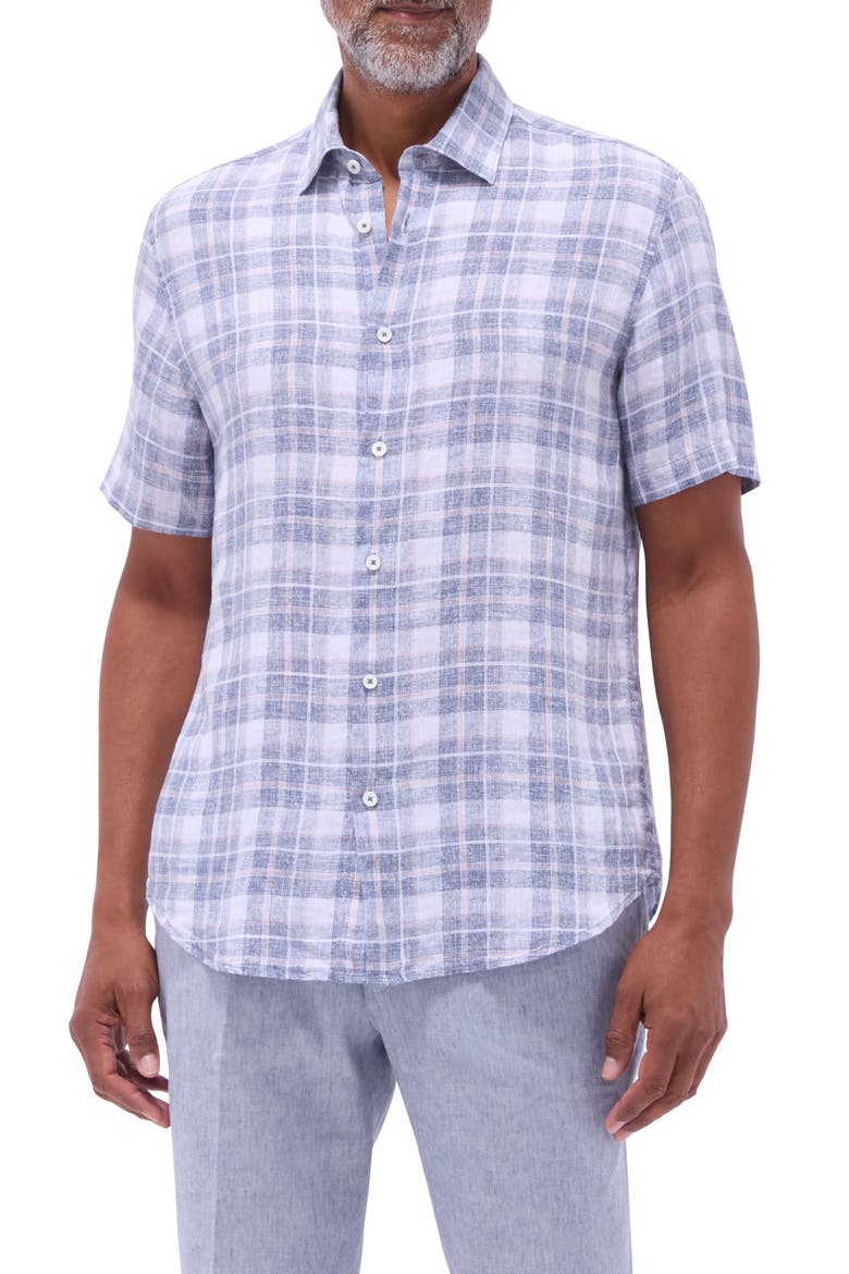 Orson Plaid Short Sleeve Slub Linen Button-Up Shirt, Main, color, STEEL
