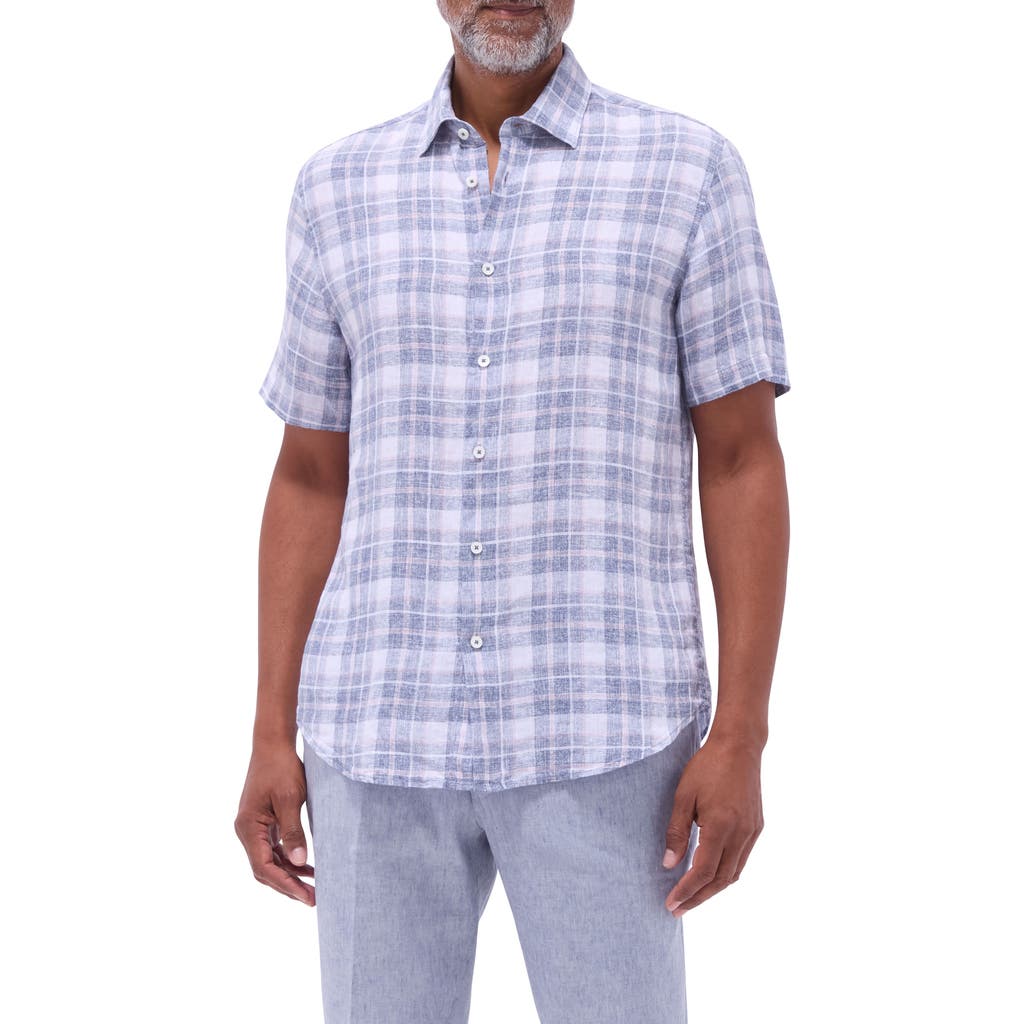 Bugatchi Orson Plaid Short Sleeve Slub Linen Button-up Shirt In Steel