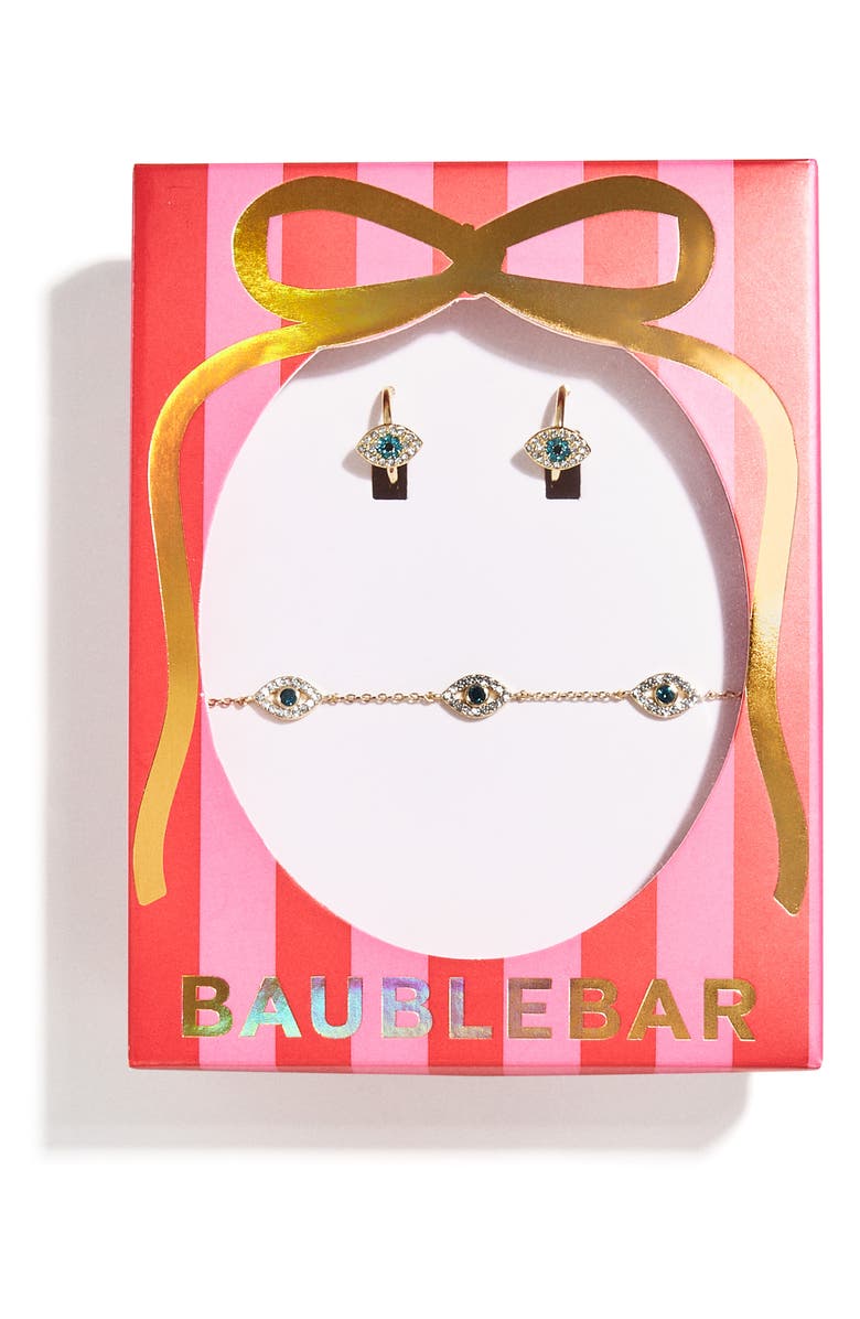 BaubleBar Good Vibes Evil Eye Earrings & Bracelet Set, Alternate, color, Blue