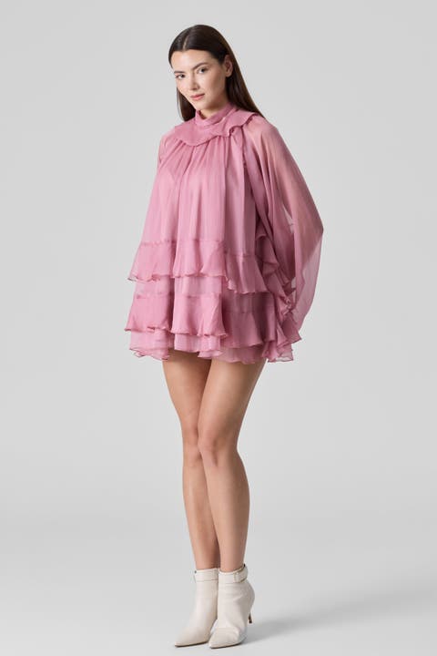 Tiered Ruffle Silk Chiffon Tunic Mini Dress
