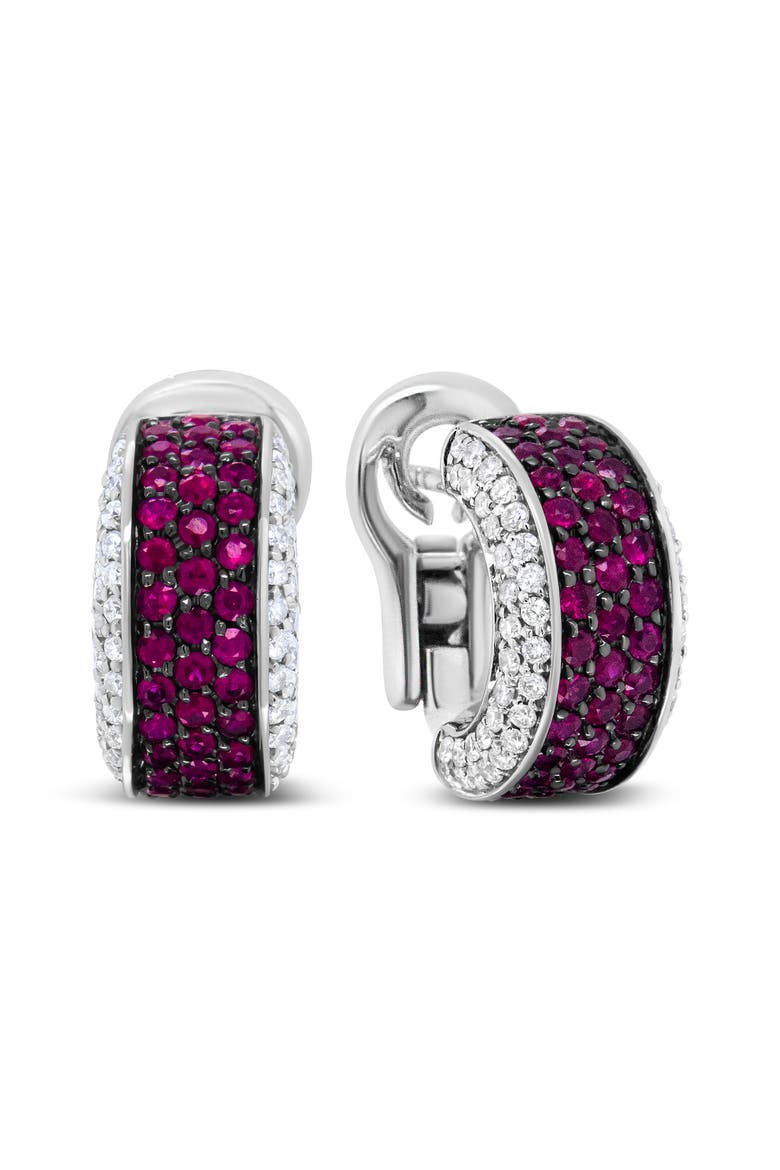 18K Gold & Black Rhodium Plated 3/4 Ctw Diamonds & Red Ruby Huggie Hoop Earrings, Alternate, color, White