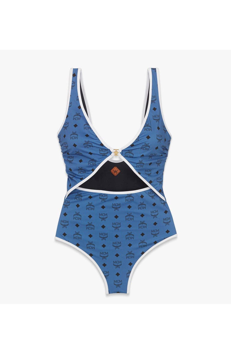 MCM Monogram Print Swimsuit, Main, color, New Munich Blue