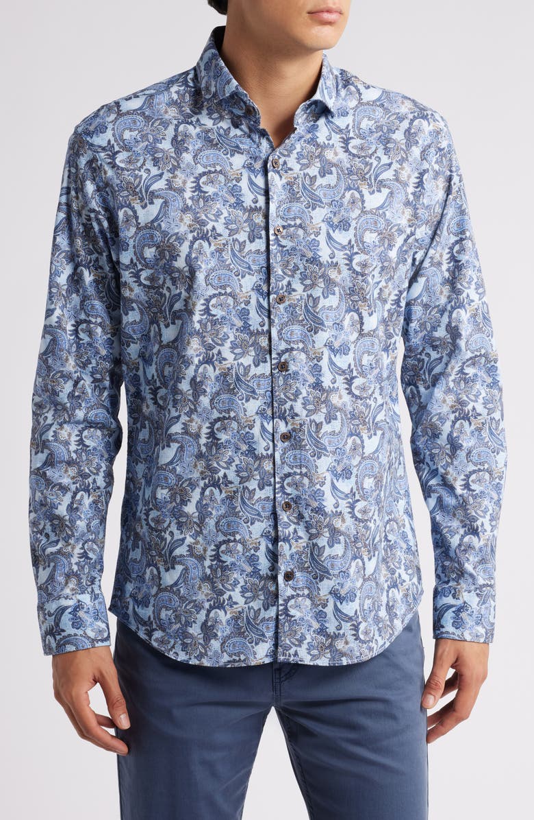 Brax Harold Paisley Hi Flex Stretch Cotton Button-Up Shirt, Main, color, Smoke Blue