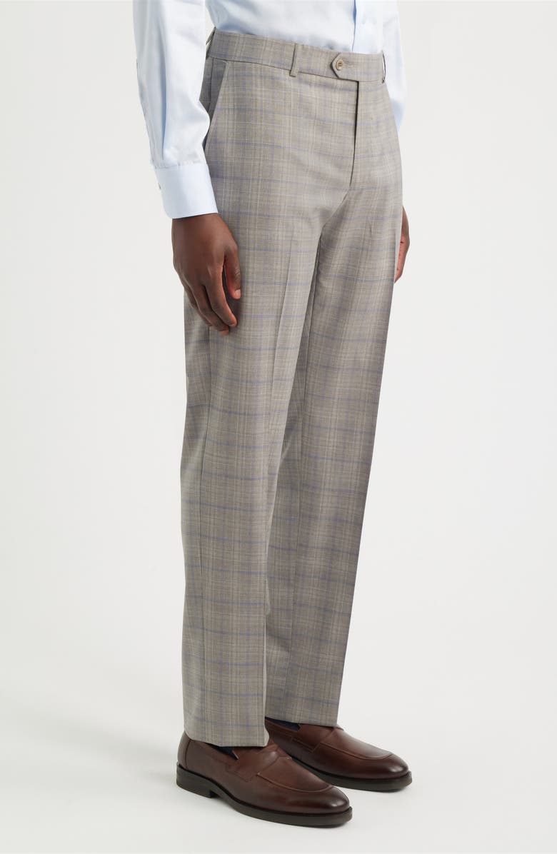 Berle Light Grey Plaid Flat Front Wool Dress Pants, Alternate, color, Sand