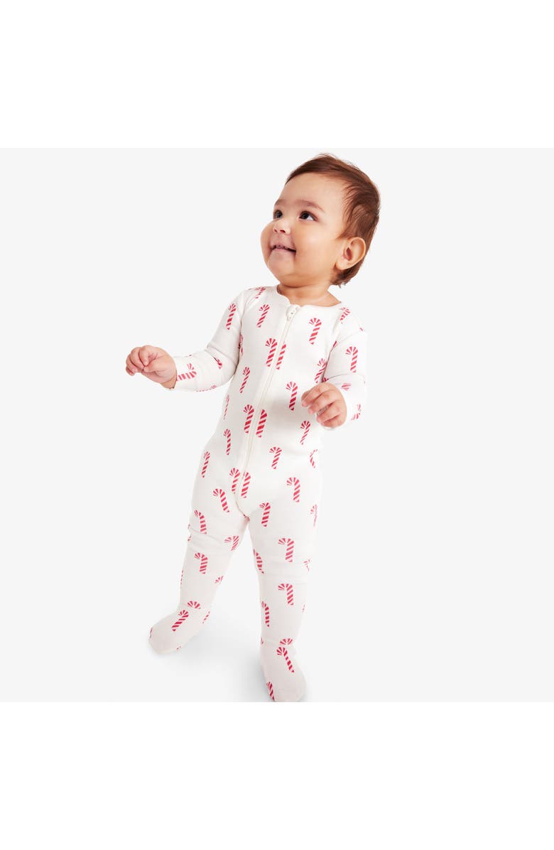 Primary Organic Zip Footie In Festive Prints, Alternate, color, Ivory Candy Canes