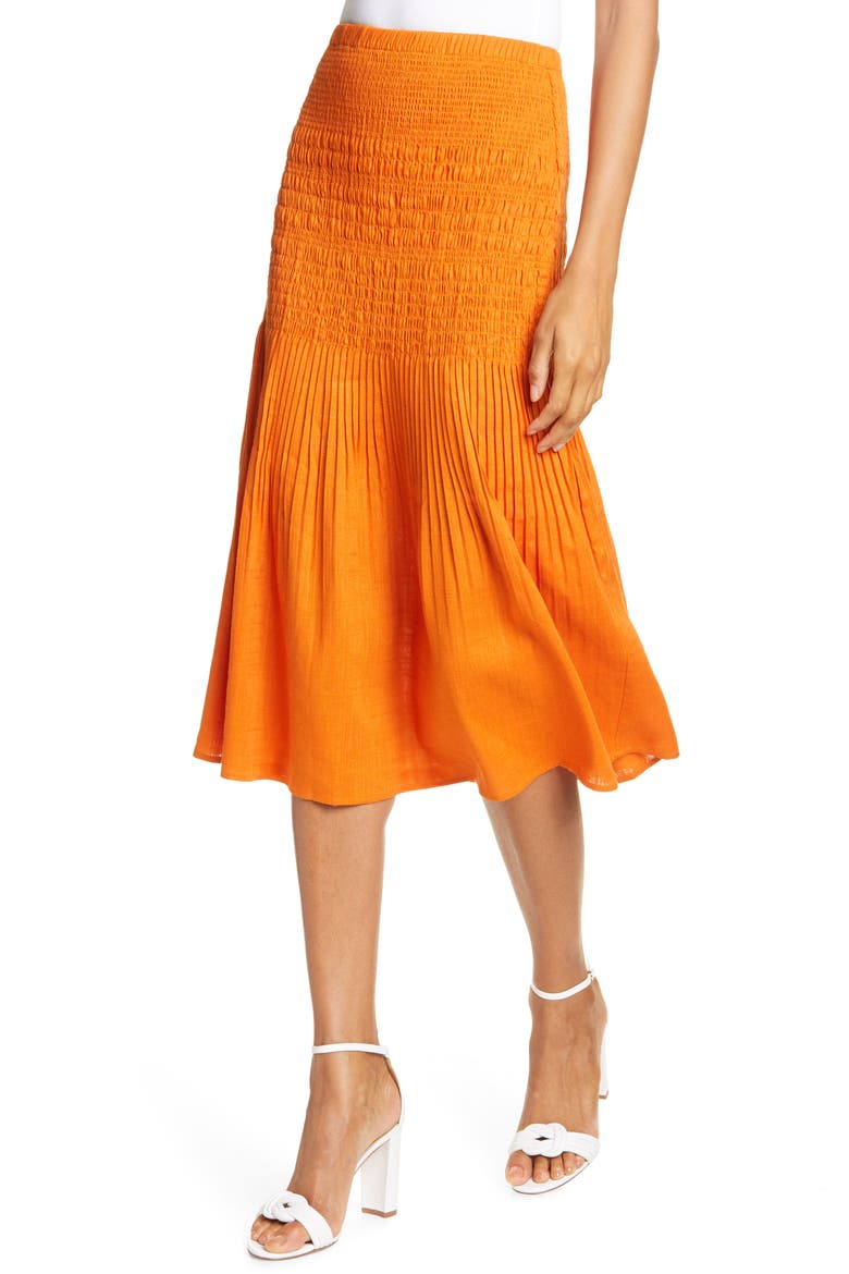 Smocked Midi Skirt, Alternate, color, DEEP ORANGE
