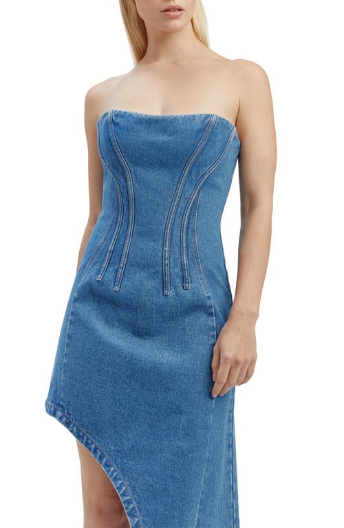 Bardot Amory Strapless Asymmetric Hem Corset Denim Dress In Vintage Blue