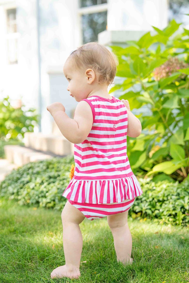 Stripe Knit Romper With Flower, Alternate, color, Fuchsia/White
