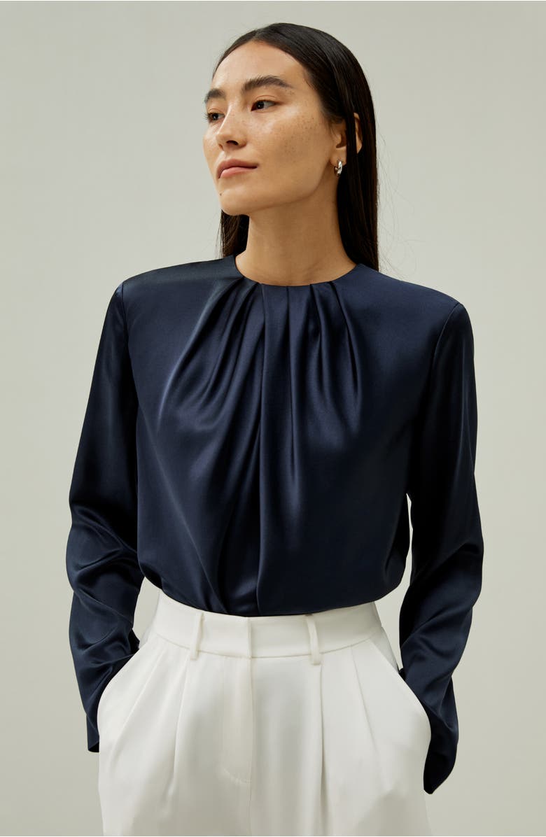 Lilysilk Silk Ruched-Neck Top, Alternate, color, Navy Blue