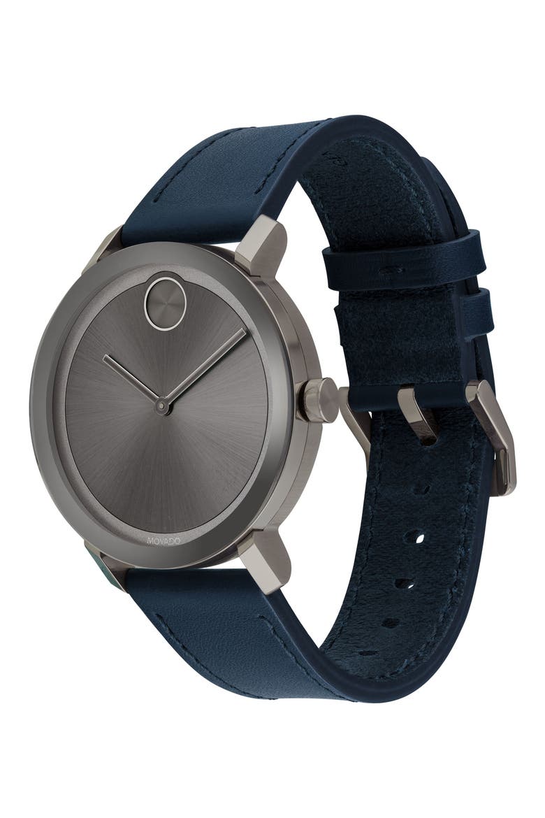 Bold Leather Strap Watch, 40mm, Alternate, color, NAVY/ GREY