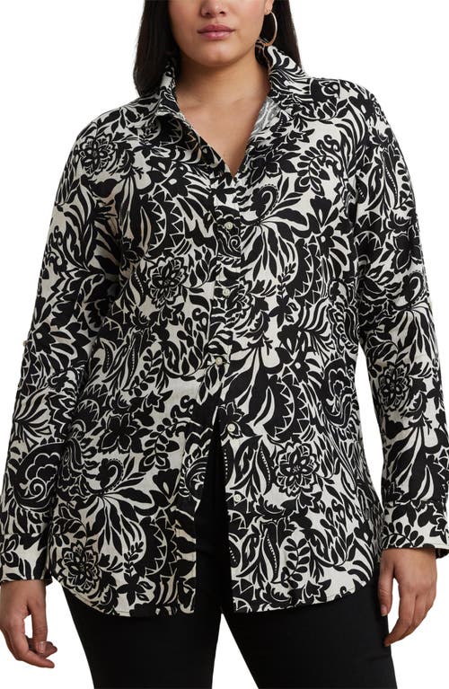 Ralph Lauren Plus Size 100% Linen Roll-tab Shirt In Cream/black
