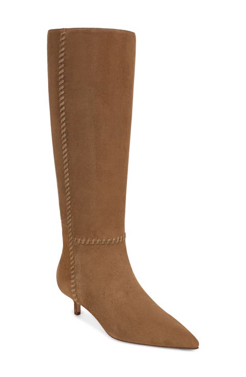 Lisa Whipstitch Pointed Toe Kitten Heel Knee High Boot