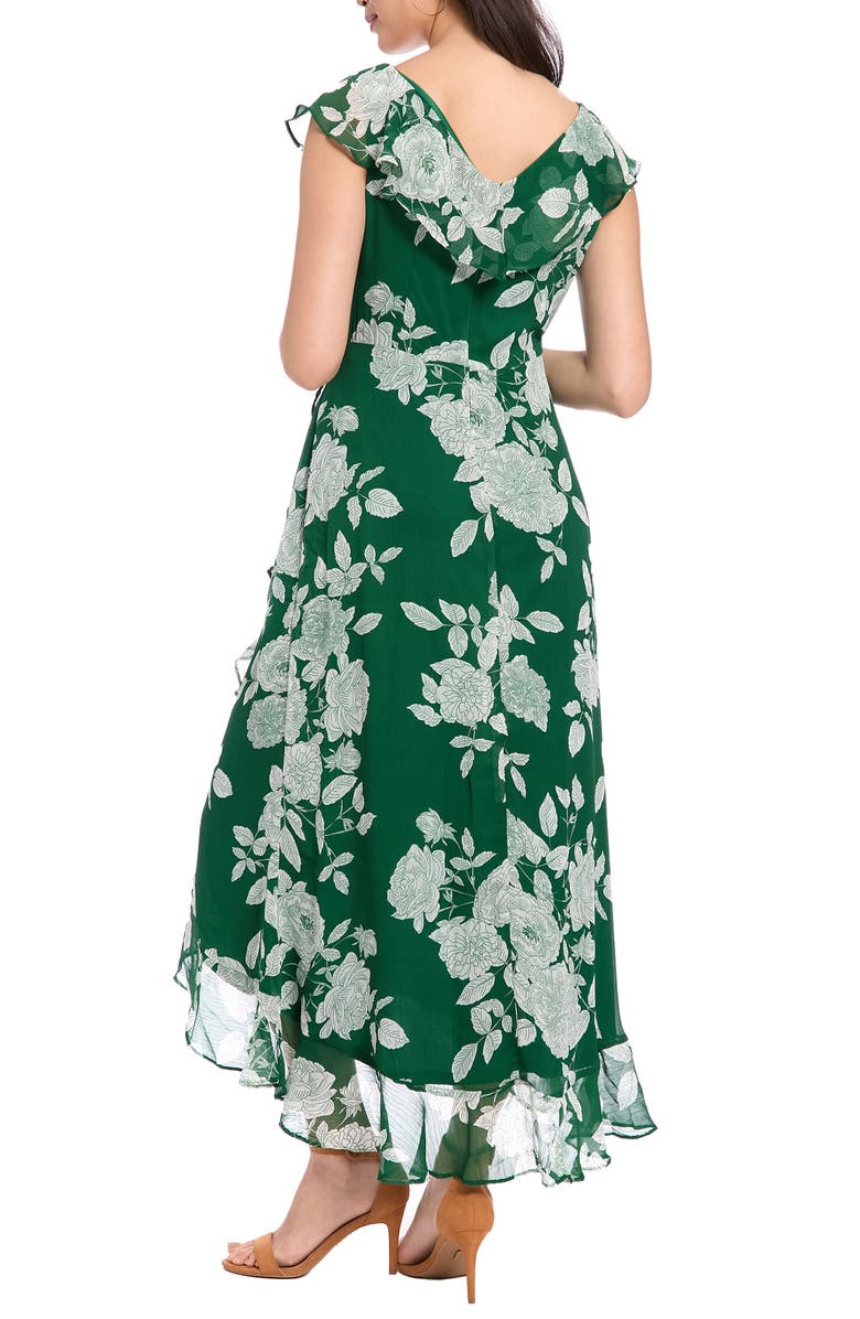 London Times Ruffle Trim High/Low Maxi Dress, Alternate, color, Dark Green/ White