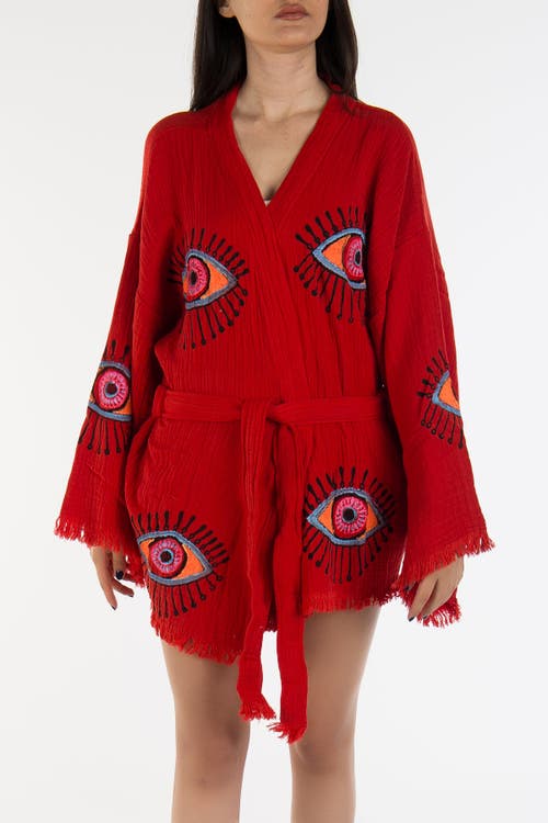 Forever & Always Shoes Sereia Evil Eye Handmade Cotton Short Kimono In Red