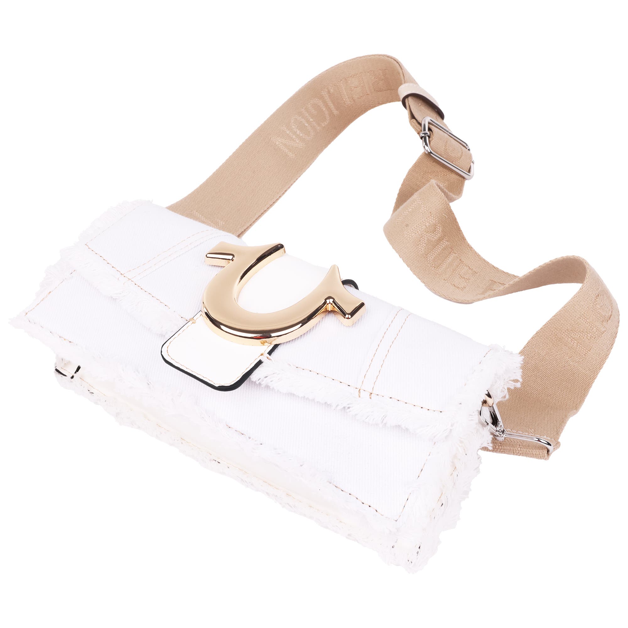 True Religion Frayed Denim Flap Bag with Logo Strap, Alternate, color, White