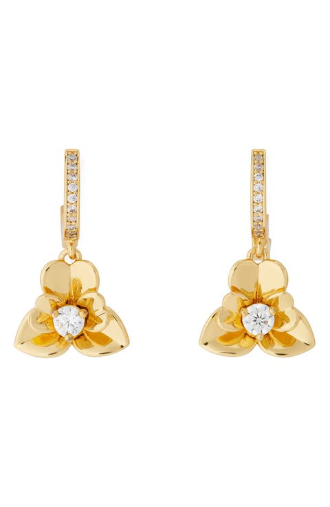 precious pansy drop huggie earrings