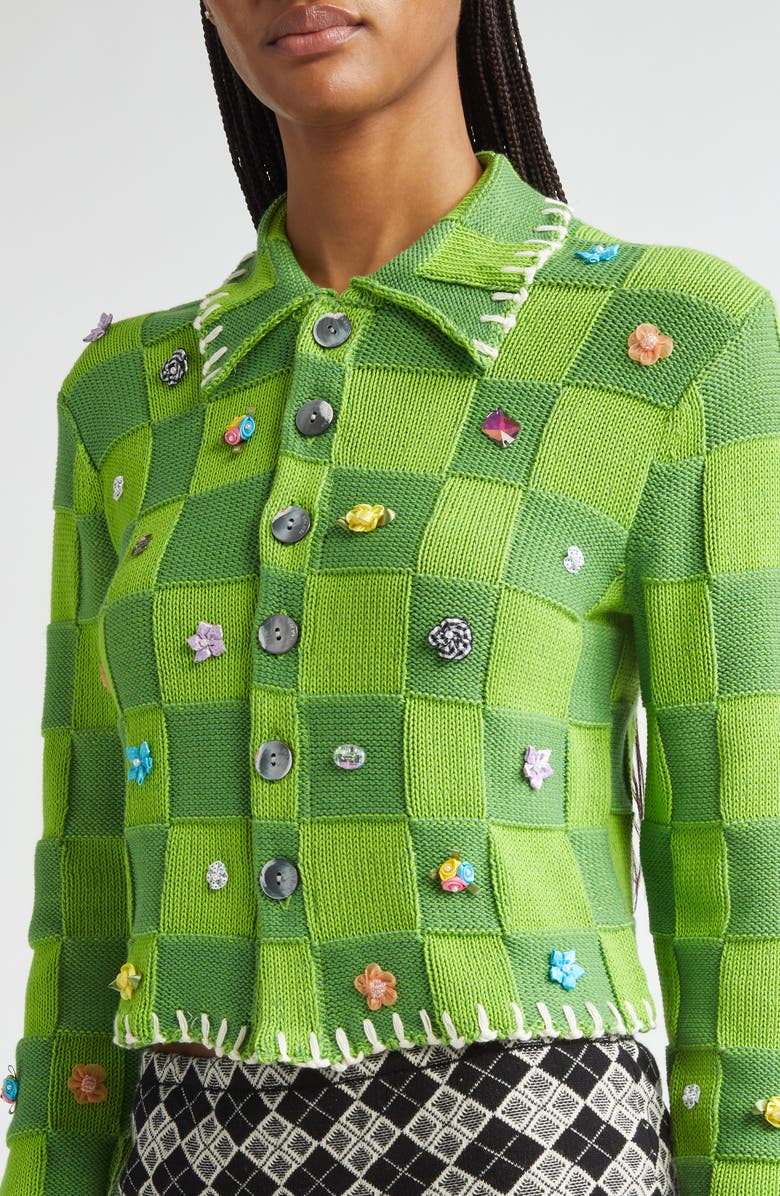 YanYan Floral Ribbon Checkerboard Shrunken Cardigan, Alternate, color,