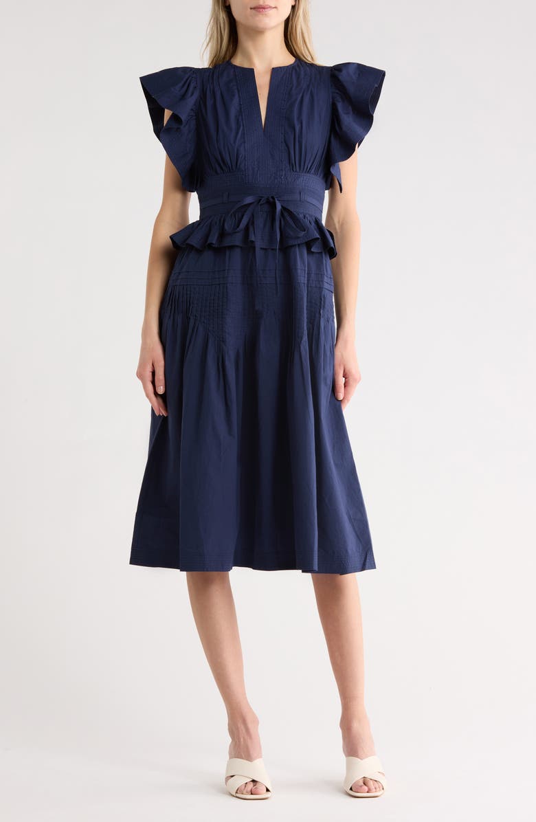 Ulla Johnson Florence Flutter Sleeve Cotton Poplin Midi Dress, Main, color, Midnight