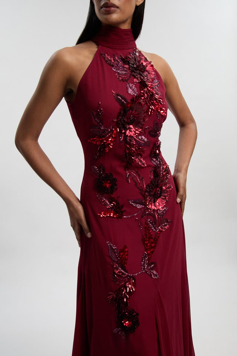 Petite Feather Halter Maxi Dress, Alternate, color, Wine