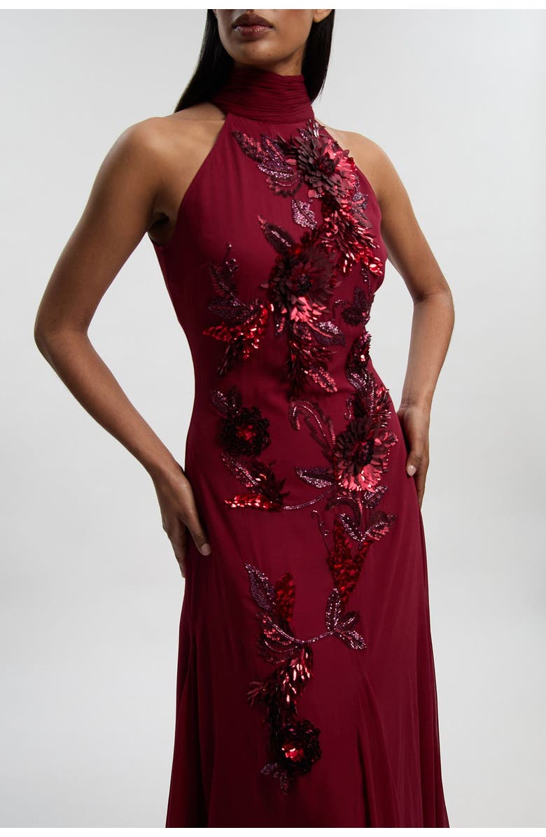 Karen Millen Petite Feather Halter Maxi Dress, Alternate, color, Wine