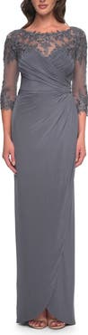 La Femme Long Jersey Evening Dress with Lace Detail Neckline and Sleeves