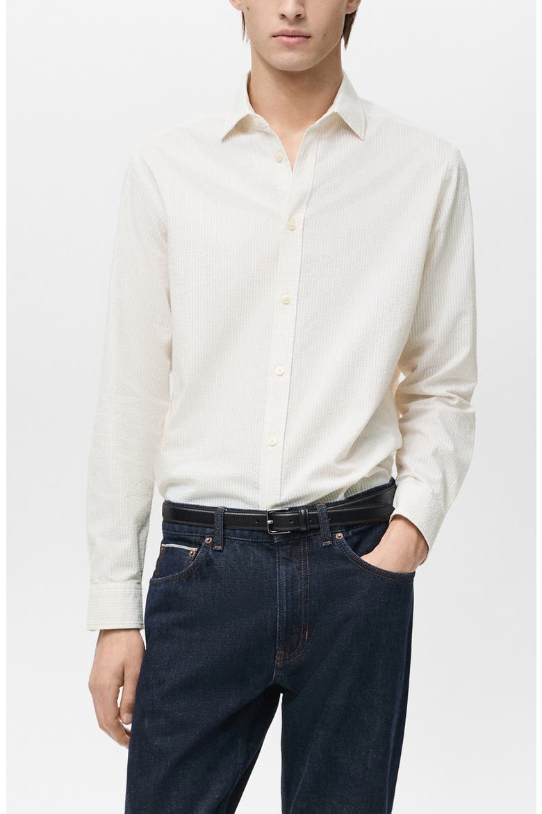 Regular Fit Stripe Seersucker Button-Up Shirt, Main, color, SAND
