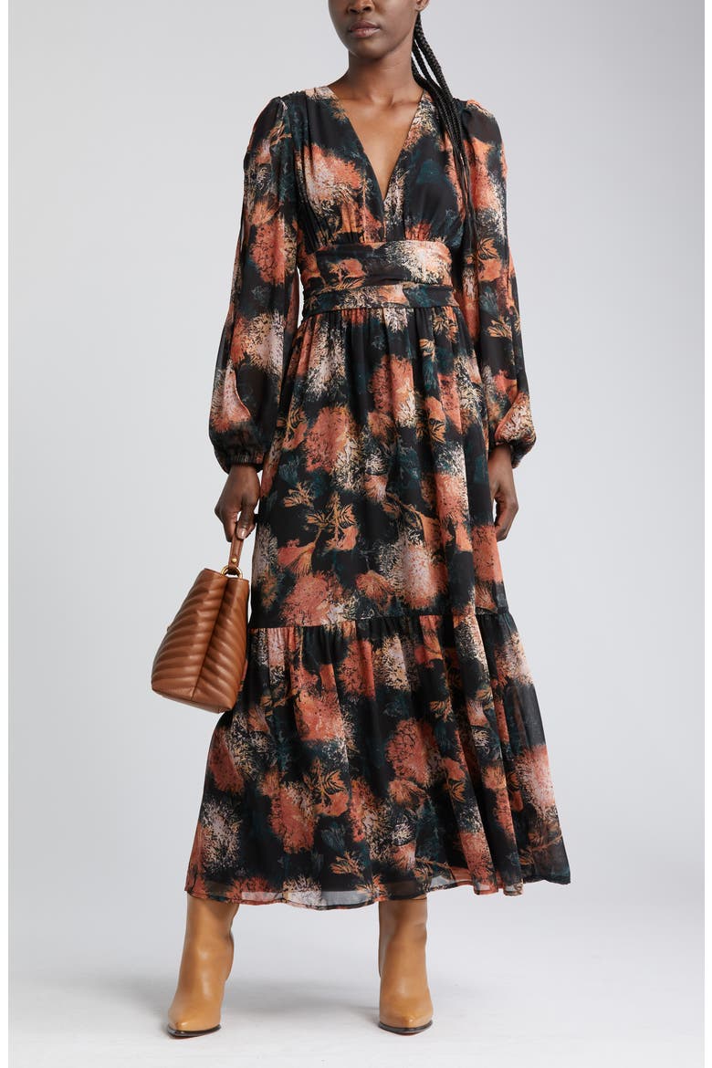 Split Long Sleeve Tiered Dress, Main, color, BLACK- RED WILLOW DRIFT