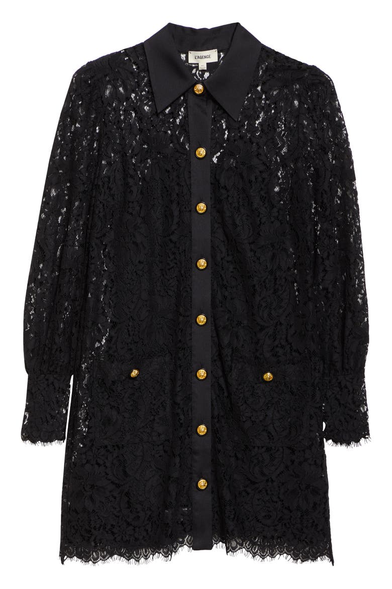 Sakura Lace Long Sleeve Mini Shirtdress, Alternate, color, BLACK