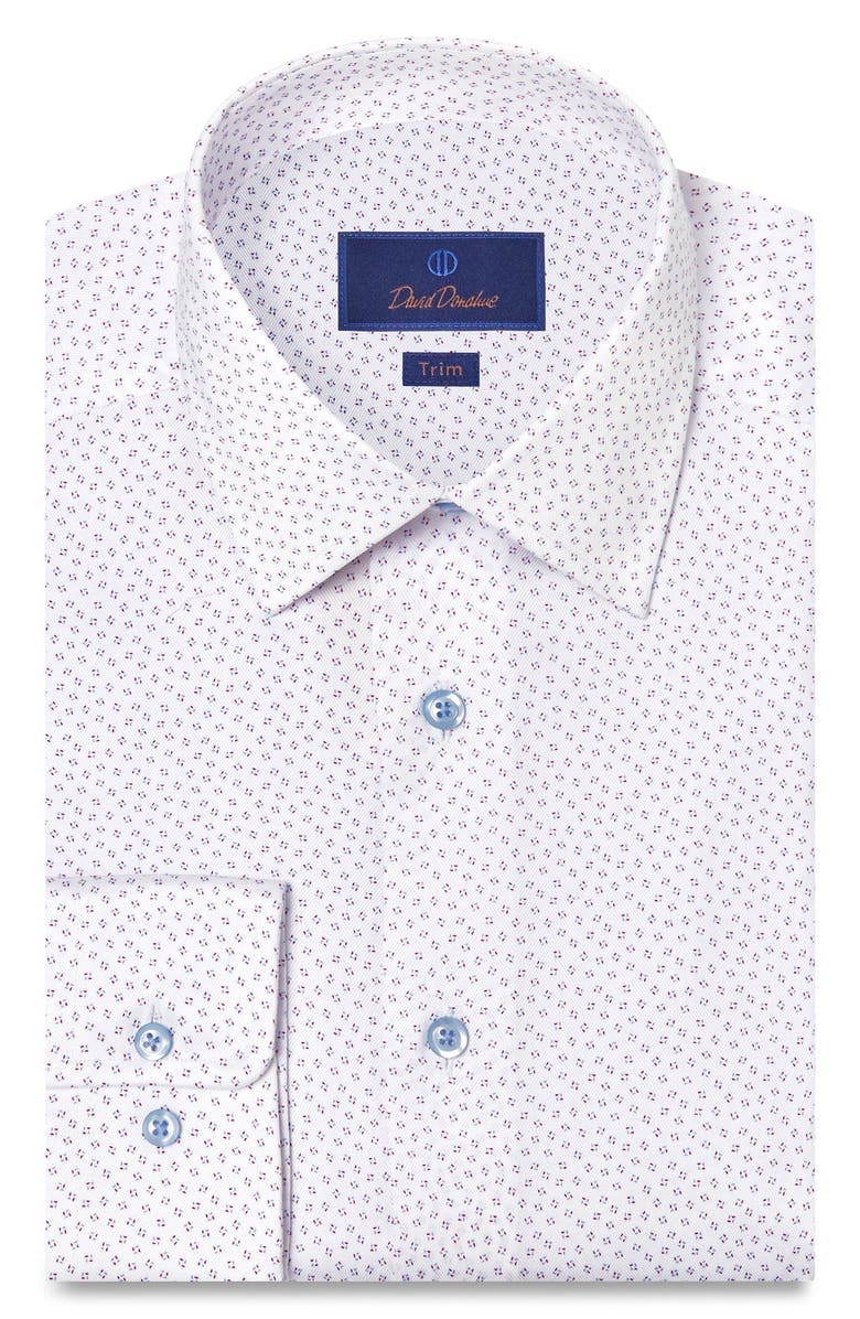 David Donahue Trim Fit Neat Print Cotton Dress Shirt, Main, color, White/ Berry