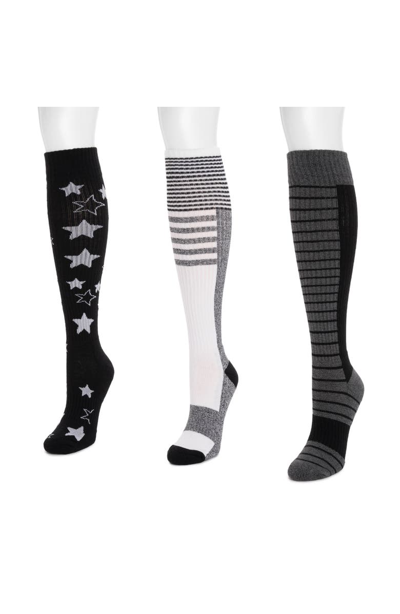 MUK LUKS Cotton Rib Compression Knee-High Socks 3 Pair Pack Wide Size, Alternate, color, Ebony