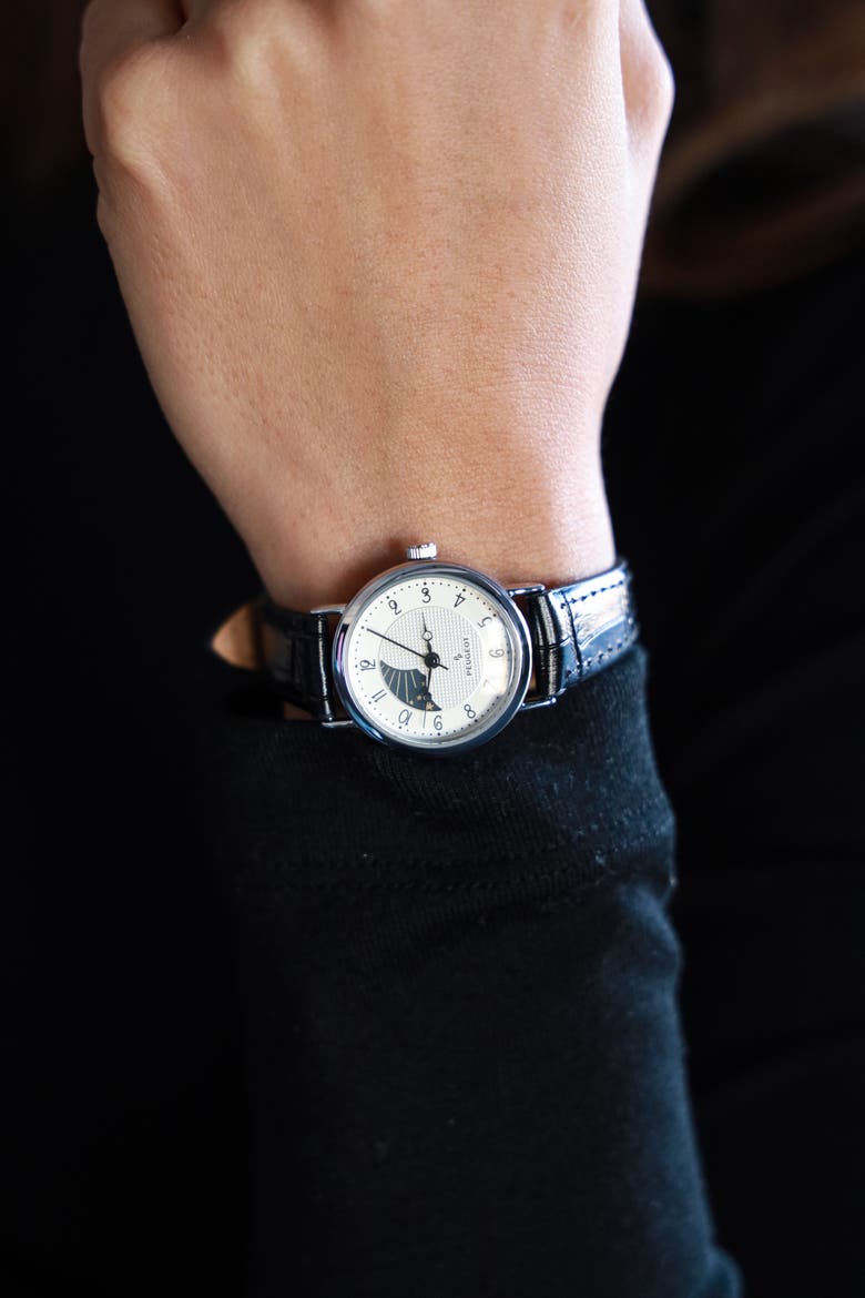 Sun-Moon Round Vintage Leather Watch- 26MM, Alternate, color, Black