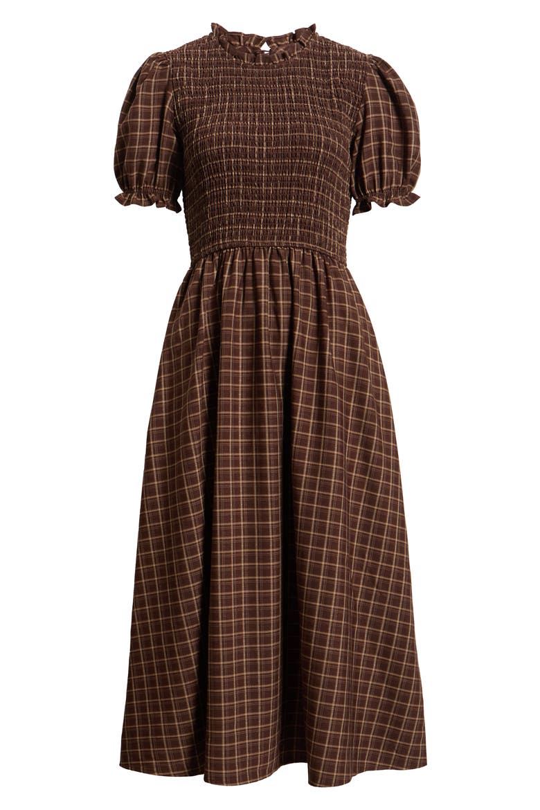 Plaid Smocked Bodice Midi Dress, Alternate, color, BROWN PLAID