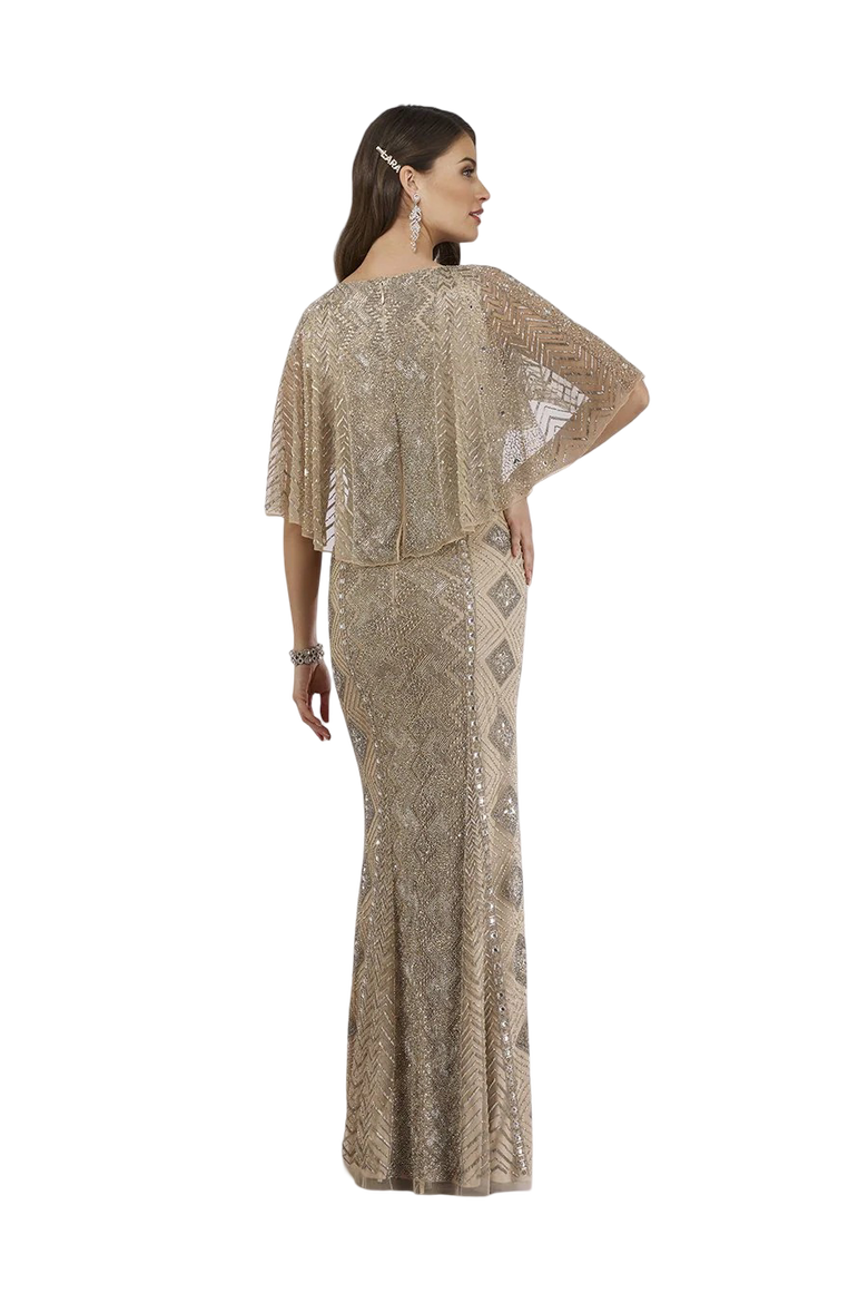 Cape Sleeve V-Neck Beaded Gown, Alternate, color, NudeSilver