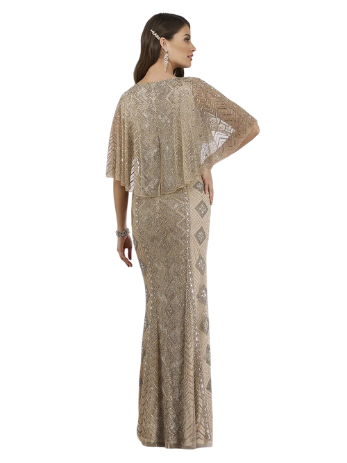 Lara New York Cape Sleeve V-neck Beaded Gown