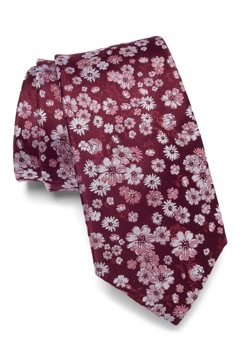 Floral Silk Jacquard Tie, Main, color, BURGUNDY