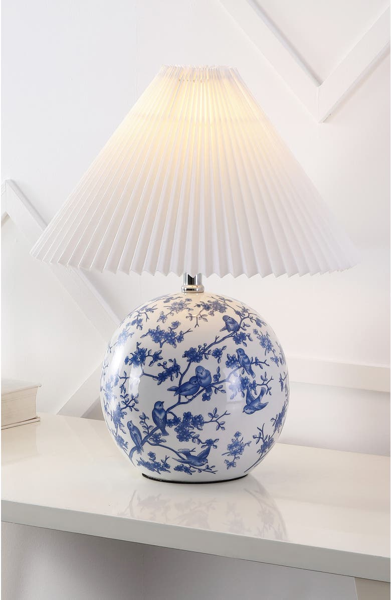 JONATHAN Y Shishen Cottage Classic Chinoiserie Ceramic Orb LED Table Lamp with Pleated Shade, Alternate, color, White/Blue