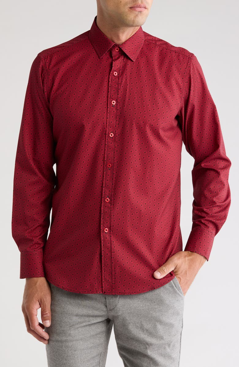 T.R. PREMIUM Medallion Print Stretch Button-Up Shirt, Main, color,