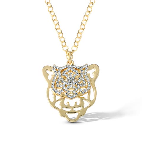 Gold-Tone Tiger Pendant Necklace with Rhinestones