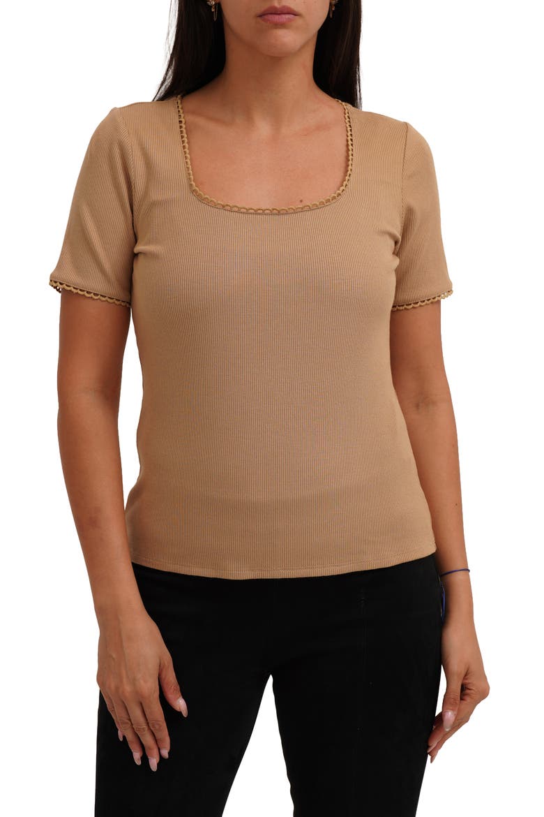 Scallop Trim Short Sleeve Ribbed Top, Main, color, WARM SAND