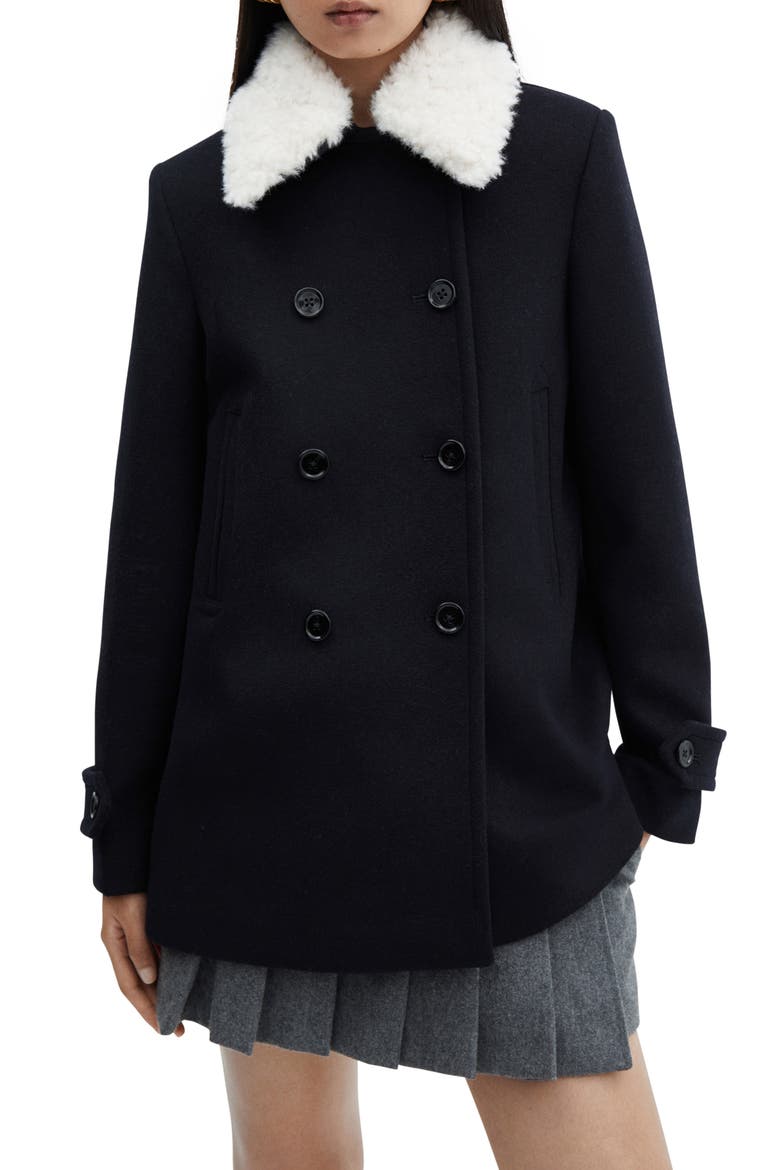 Faux Fur Collar Double Breasted Coat, Main, color, DARK NAVY