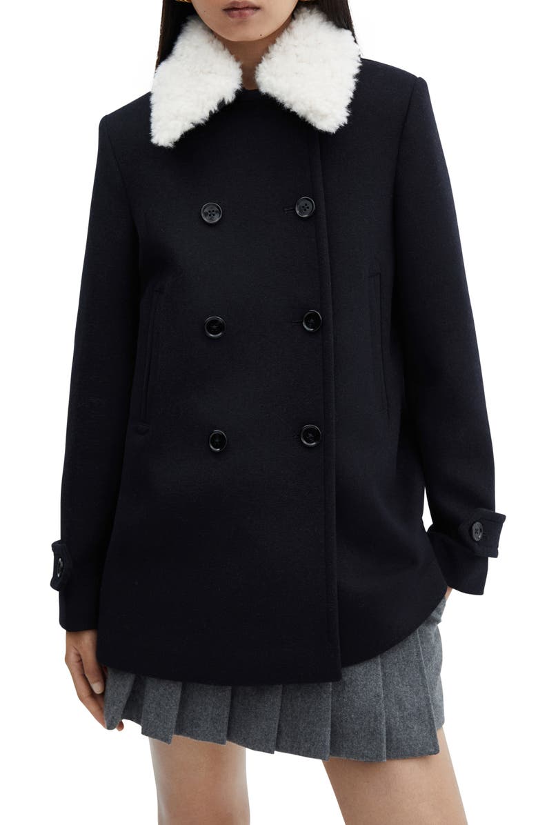 MANGO Faux Fur Collar Double Breasted Coat, Main, color, 