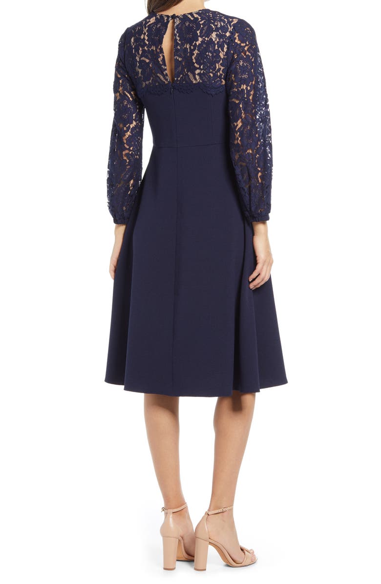 Eliza J Lace Long Sleeve Midi Dress, Alternate, color, Navy