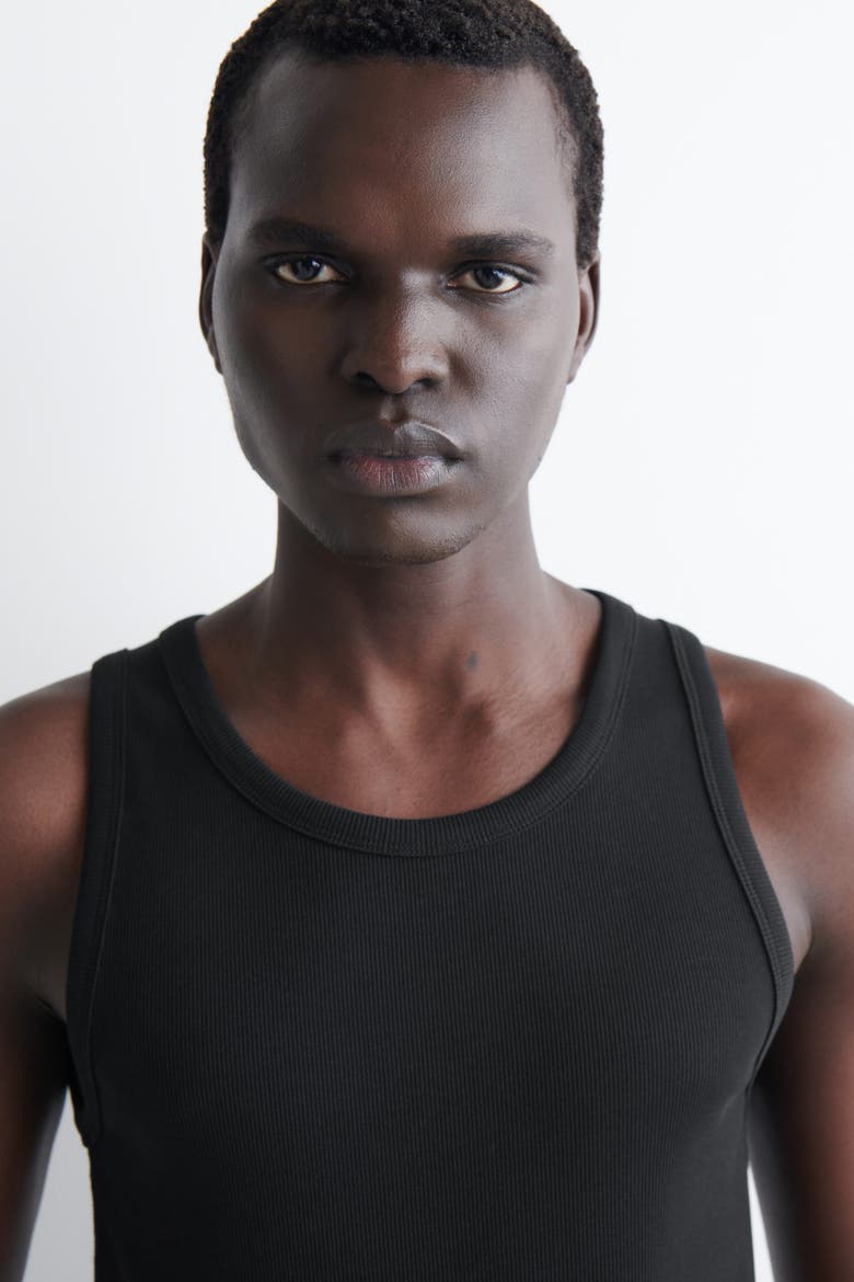 Slim Ribbed Cotton Tank Top, Alternate, color, BLACK