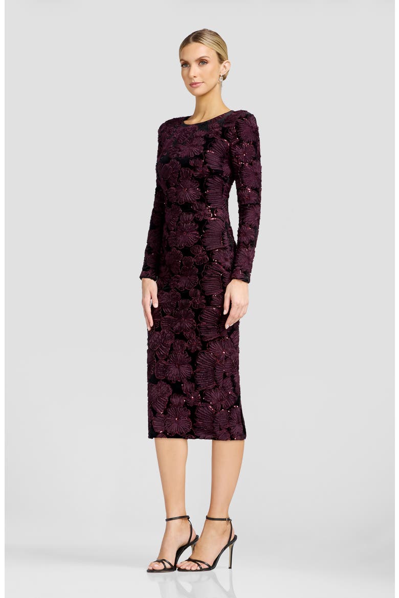 Emmalyn Sequin Appliqué Long Sleeve Cocktail Midi Dress, Alternate, color, BURGUNDY-BLACK