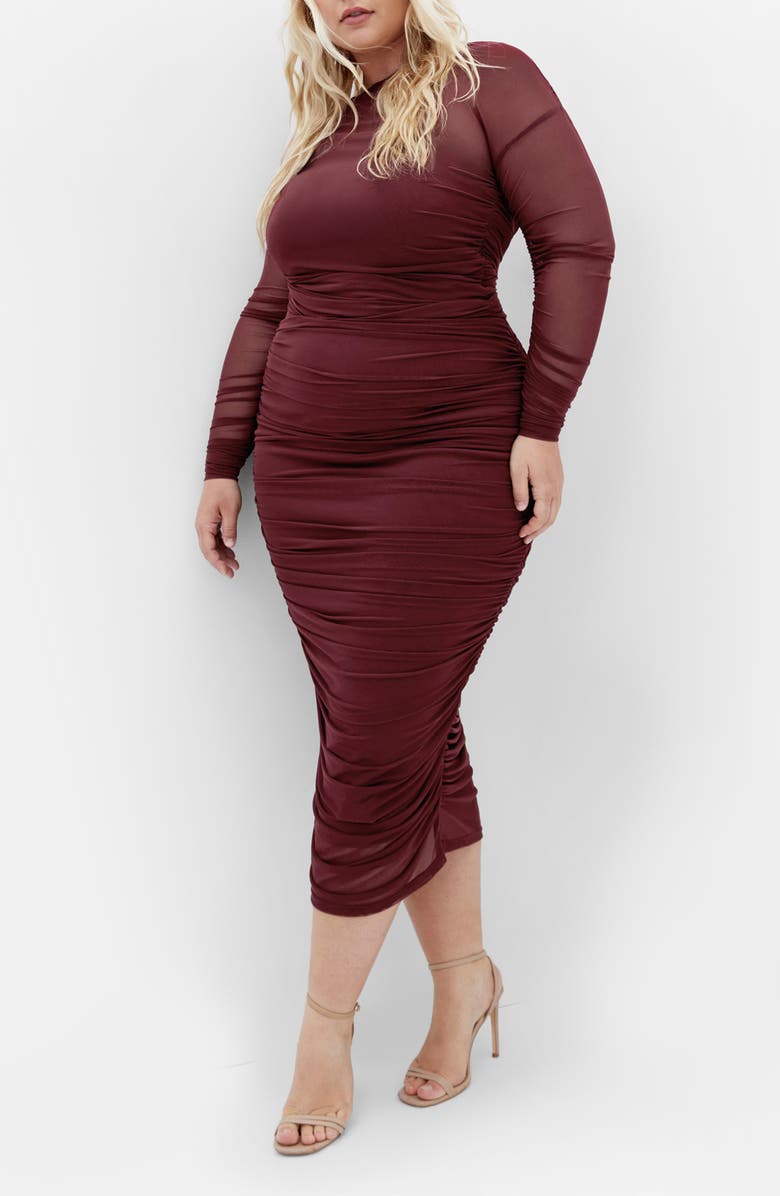 City Chic Livia Mesh Overlay Pencil Skirt, Main, color, Chocolate Cherry