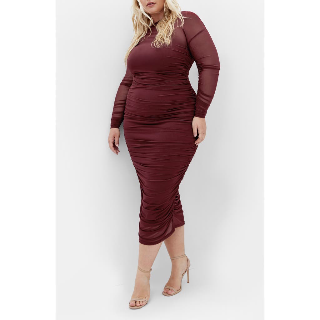 City Chic Livia Mesh Overlay Pencil Skirt In Burgundy