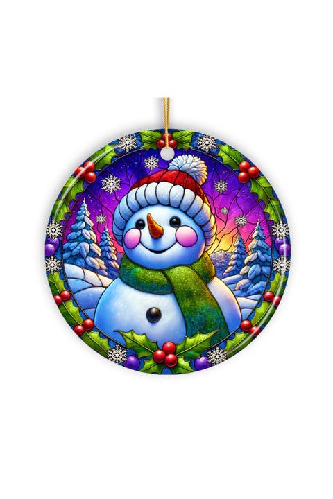 Snowman And Holly Stained Glass Themed Ceramic Ornament